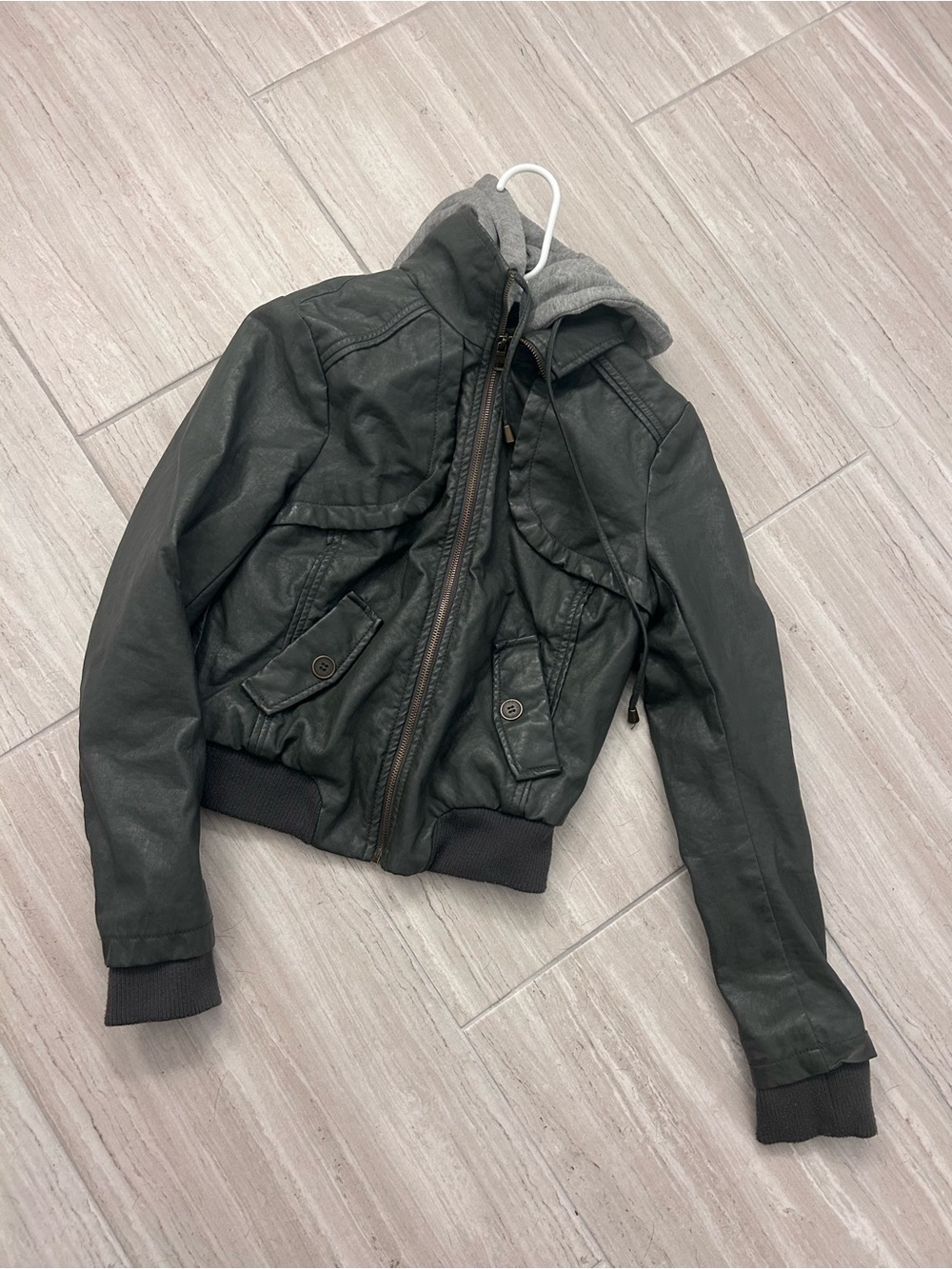Women's/ young teen gray Faux Leather Bomber Jacket with Grey Hood
